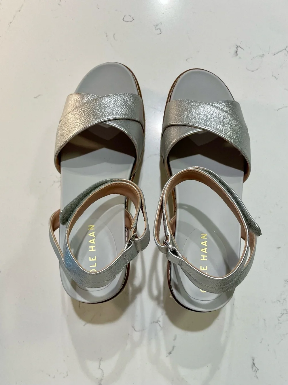 Cole Haan Silver Wedge Espadrille Sandals with Ankle Strap